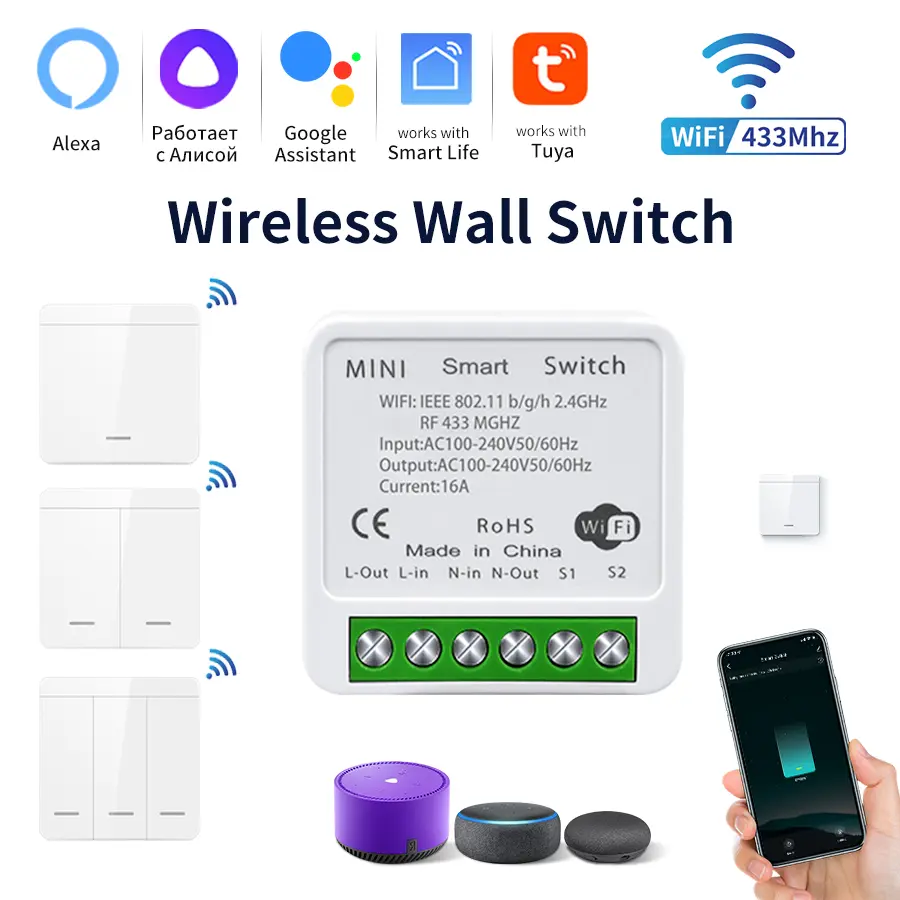 Tuya WiFi Switch Smart DIY Module Wireless RF433MHz 1/2/3Gang Wall Panel Switch Smart Life APP Works with Alexa Google Assistant