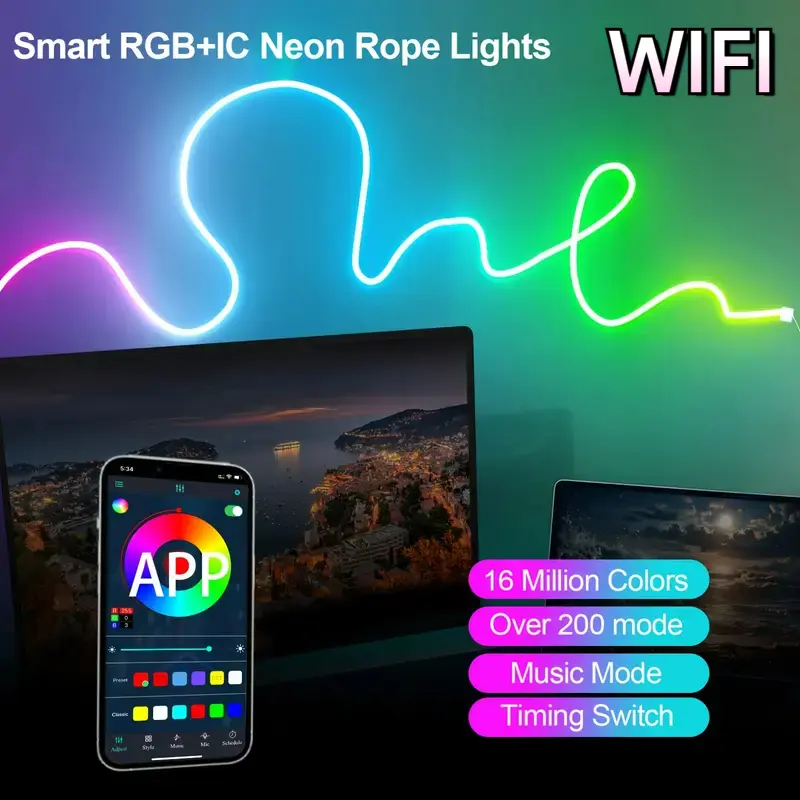 Smart WIFI Neon LED Strip Light USB 5V RGBIC Dreamcolor Chasing Neon LED Rope Light Room Decor Work with Alexa Google Assistant