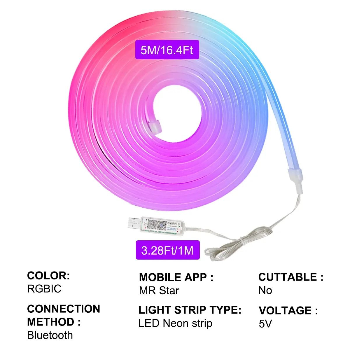 Smart WIFI Neon LED Strip Light USB 5V RGBIC Dreamcolor Chasing Neon LED Rope Light Room Decor Work with Alexa Google Assistant