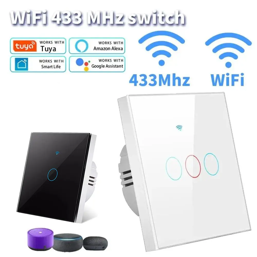 Tuya US/EU WiFi Smart Wall Switch RF433 1/2/3 Gang No Neutral Wire Touch Sensor LED Light Switches Smart Home Alexa Google Home