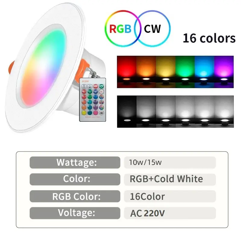 AC 220V LED Ceiling Lamp 10W 15W RGBCW Color Changing Dimmable LED Downlight With Remote Control Recessed Ceiling Light