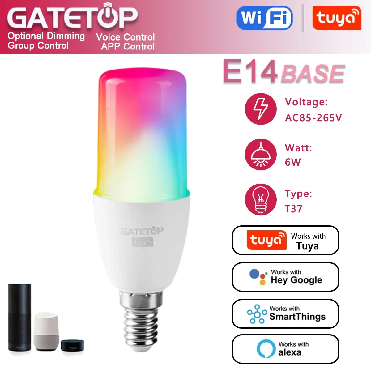 Matter-bombilla inteligente, T37 E14 6W Tuya RGB Led con Wifi,AC 110V 85V-265V,para Google Assisatnt Smart Life,Light Dimmable