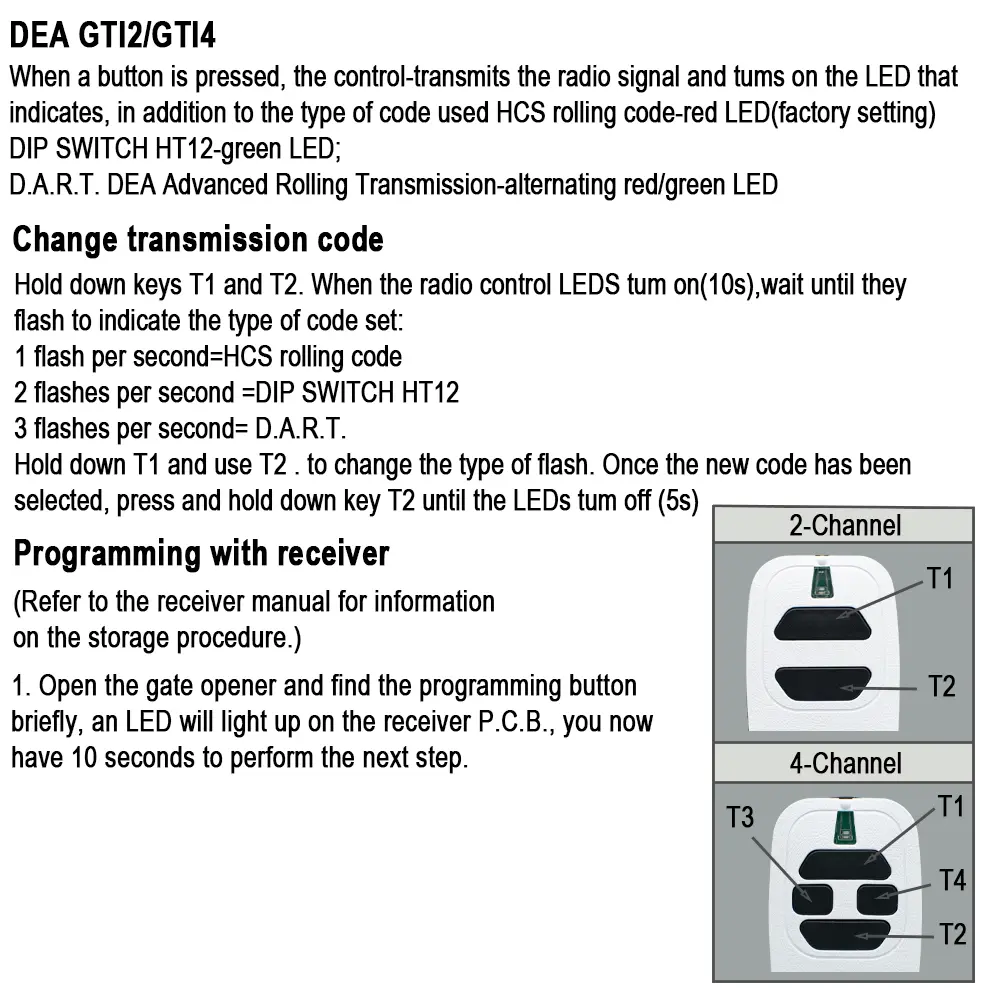 For DEA 433.92MHz Rolling Code Fixed Code Garage Door Remote Control Compatible with GTI2 GTI4 GT2 GT4 GT2M GT4M Transmitter