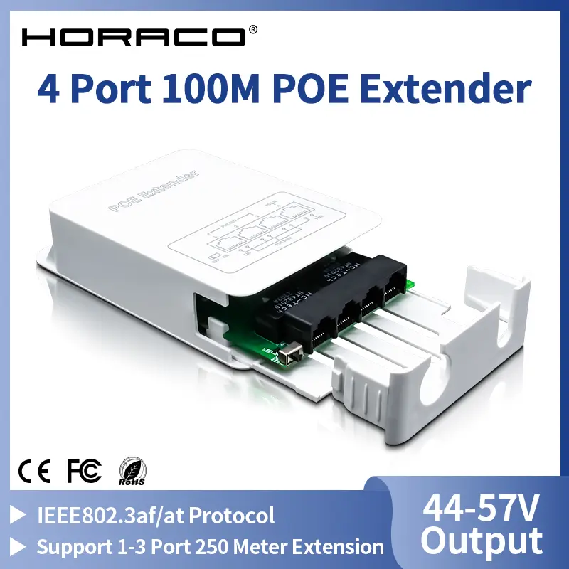 HORACO 4 Port POE Extender 100M Outdoor Rainproof POE Repeater IP30 VLAN 44-57V 30W for POE Camera Wireless AP