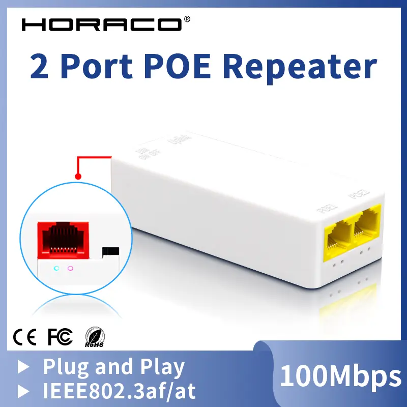 HORACO 2 Port POE Repeater 100Mbps 1 to 2 PoE Extender with IEEE802.3af/at Plug&Play 48V for PoE Switch NVR IP Camera AP