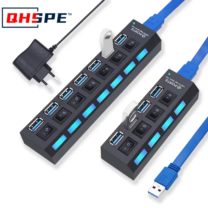 Multi USB Splitter with LED Light Switch for PC Laptops, Hi-Speed 4/7 Port USB HUB 2.0 Adapter Extender Reads Stable Data