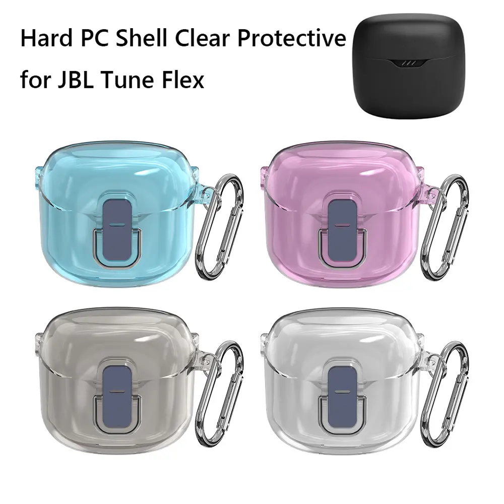 Protective Cover Shockproof Hard PC Shell Clear Case Cover Earphone Case with Carabiner for JBL Tune Flex 2023 Wireless Earbuds