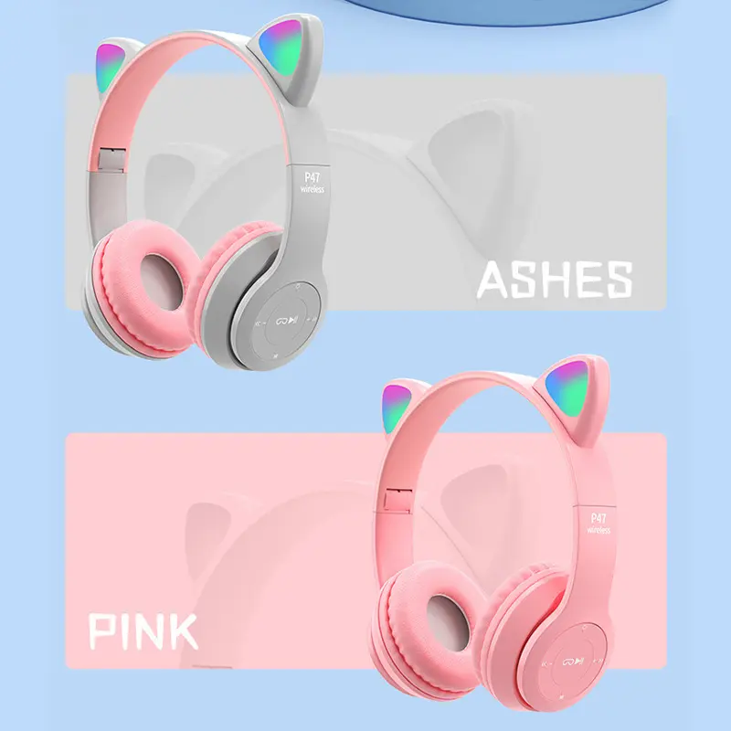 #P47M Wireless Headphone Flash Light Cute Cat Ears Fone with Mic Control LED Stereo Music Helmet Phone Bluetooth Headset Gift