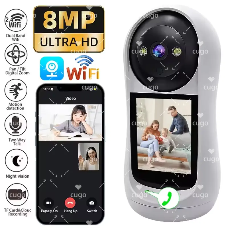 2.8 Inch Wifi Camera Vedio Baby Monitor 8MP Surveillance IP Camera IPS Screen Sound Detection HD Smart Home PTZ Security Cam