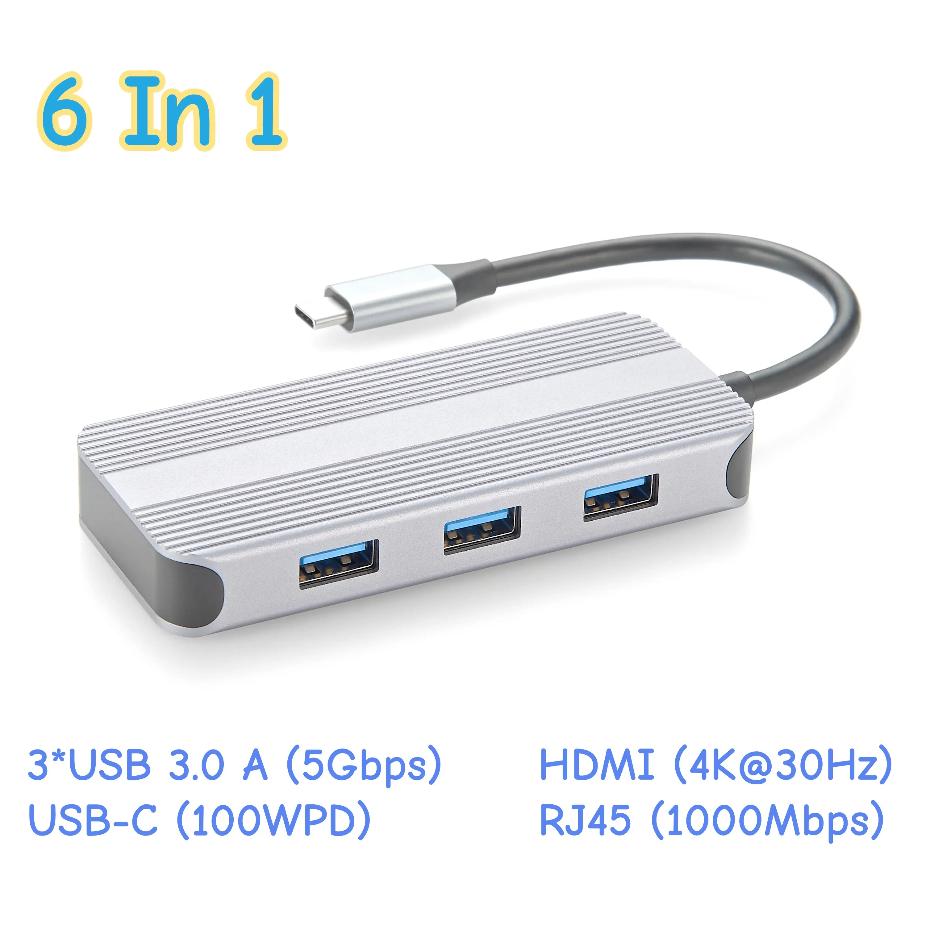 USB Type-C 6-Port Mini Docking Station, USB-C to 4K@30Hz HD Adapter Hub with 60W Power Delivery, RJ45 Ethernet, 3 USB 3.0 Port