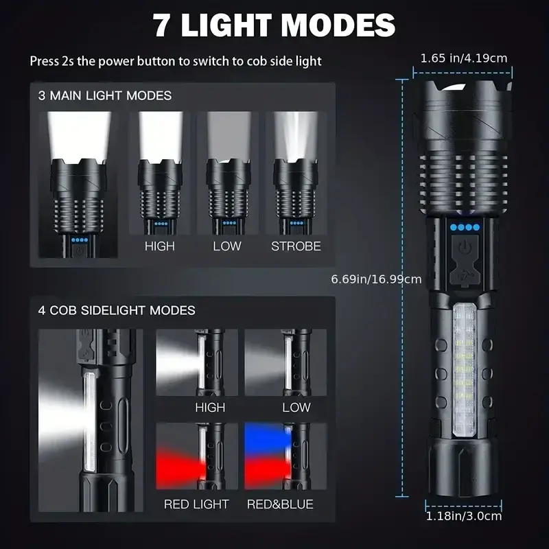2025 Super Powerful Flashlight Rejected Torch Light High Power Strong LED White Flash Light Tactical Lantern with Charging Cable