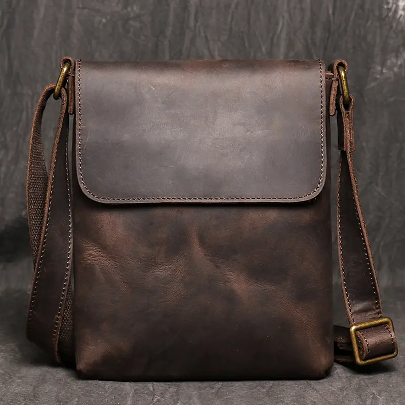 Vintage Brown Crossbody for Men Genuine Leather Men's Casual Shoulder Bag Fashion Design Sling Bag 7.9 inch ipad Phone Bag