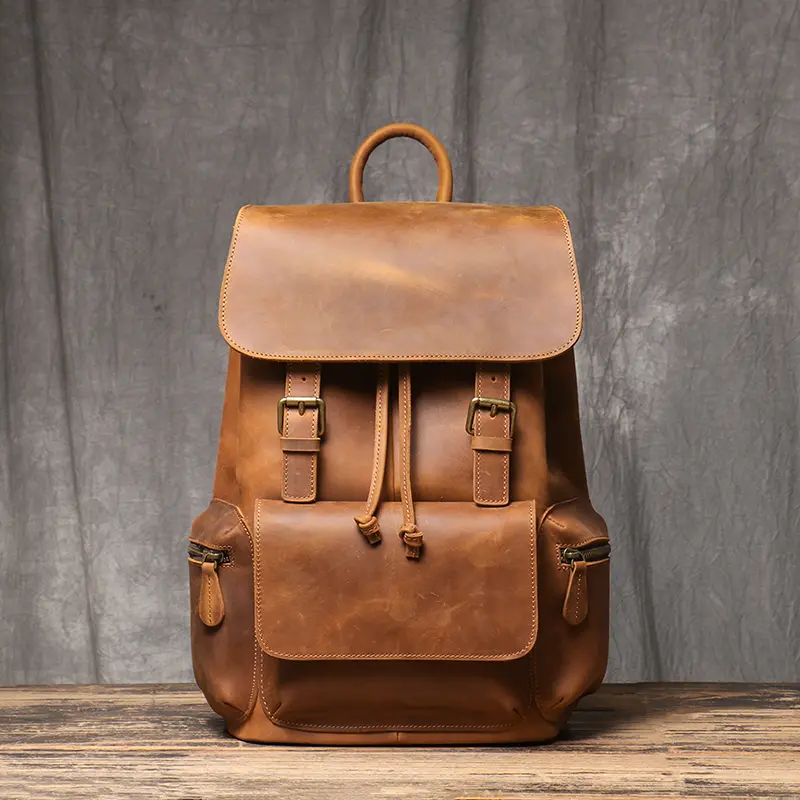 Crazy Horse Leather Backpack Men's Vintage Travel Satchel Bags College Schoolbag Large Capacity Backpack Laptop Bag Leathfocus