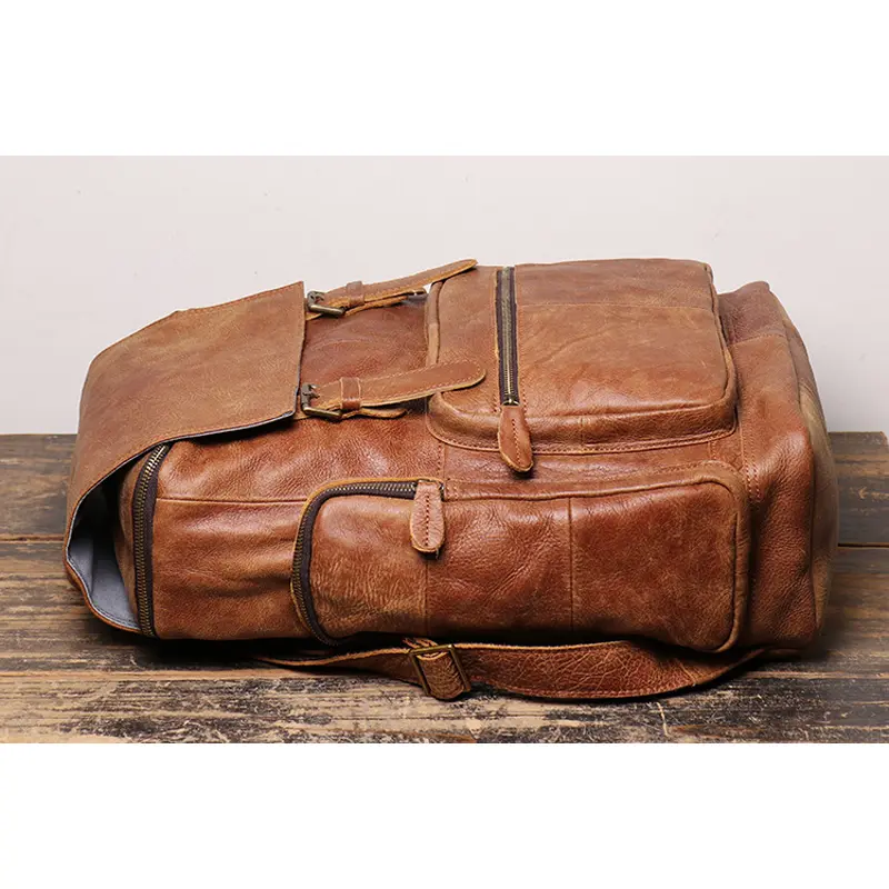 Cowhide Men's Backpack Vintage Brown Leather Casual Backpack 15.6'' Laptop Bag Large Capacity Outdoor Travel Backpack
