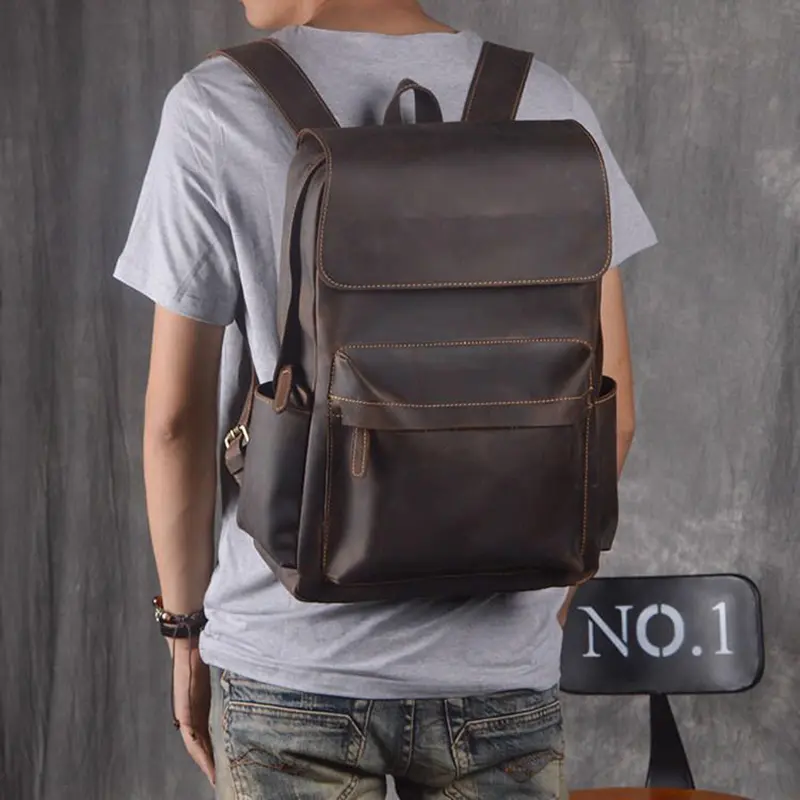 Vintage Leather Men's Backpack Large Capacity 15.6 Inch Laptop Bag Crazy Horse Leather Retro Travel College School Backpack