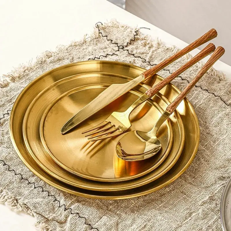 Thickened Stainless Steel Golden Round Fruit Plate Cake Plate Bone Tray BBQ Plate Flat Bottom Shallow Tray