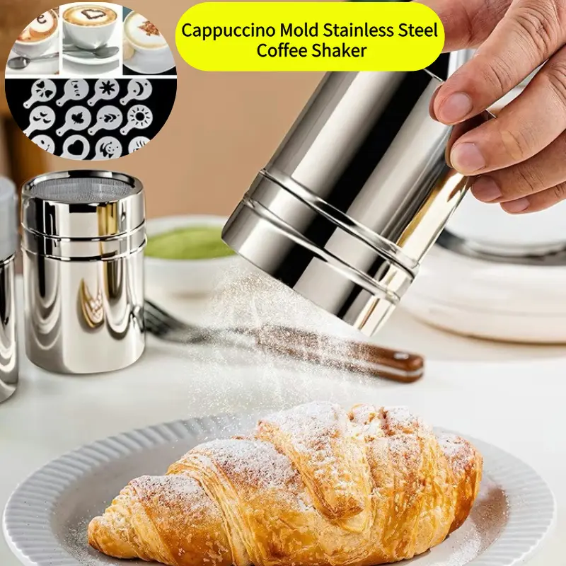 1pc Stainless Steel Chocolate Shaker Cocoa Flour Coffee Sifter 16Pcs Coffee Stencils Template Strew Pad Duster Spray Tools