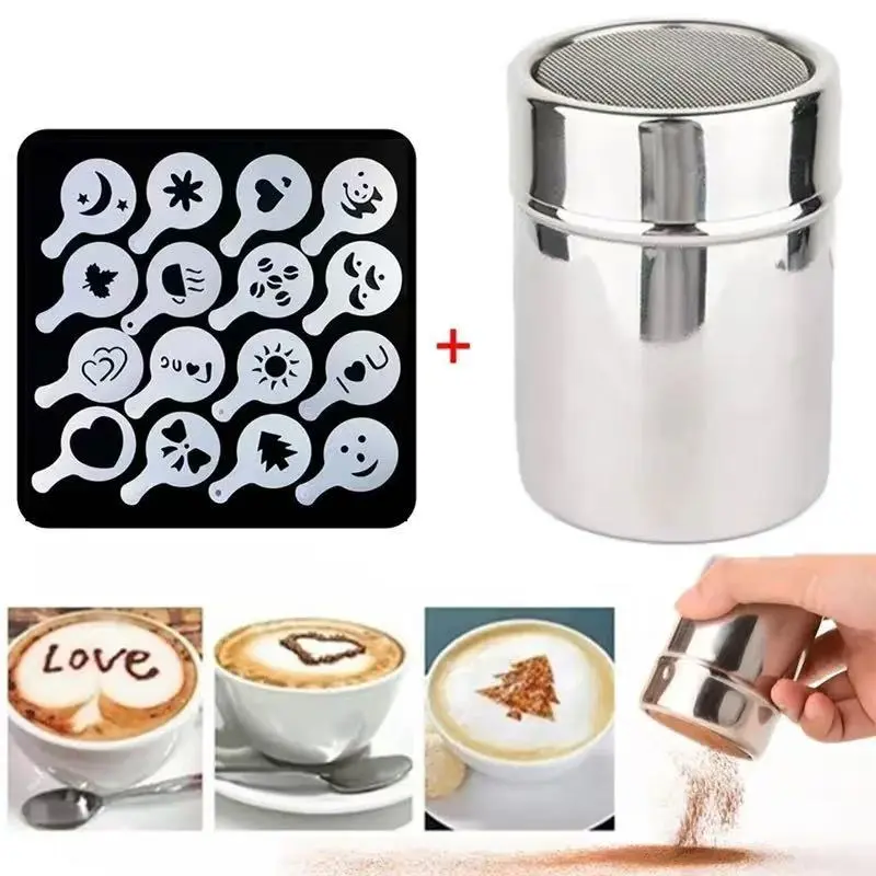 1pc Stainless Steel Chocolate Shaker Cocoa Flour Coffee Sifter 16Pcs Coffee Stencils Template Strew Pad Duster Spray Tools