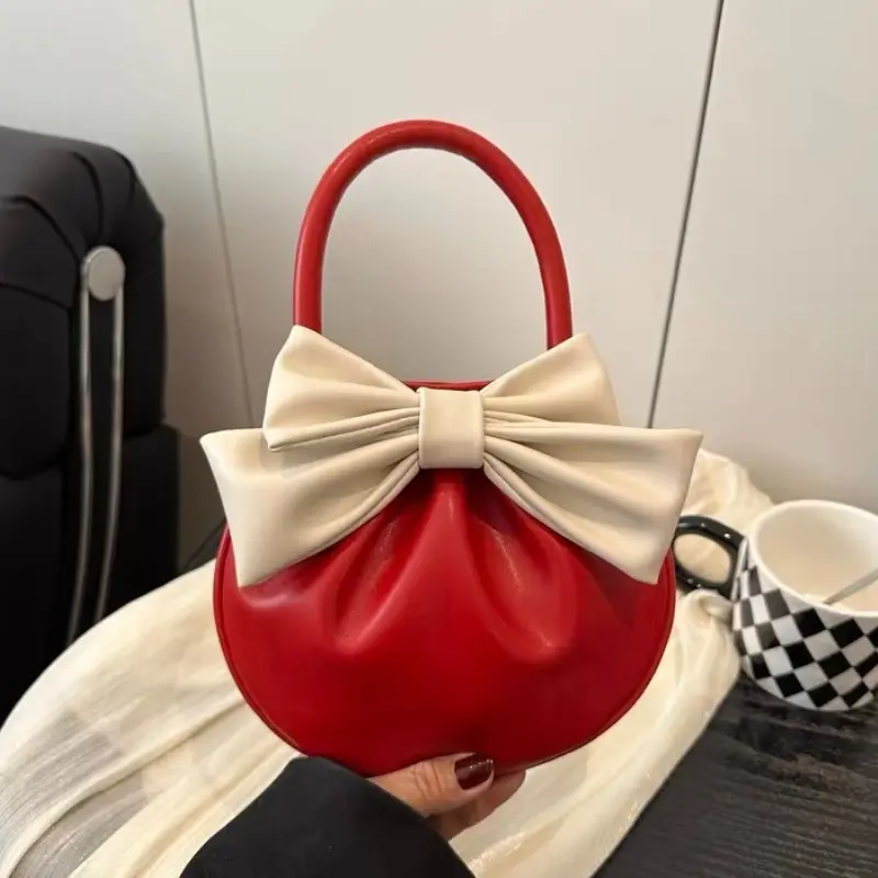 Women's Mini PU Clutch Bag Lightweight Small Purse with Bow Handle Magnetic Closure Coin Purse Soft Tote Handbag for Girls