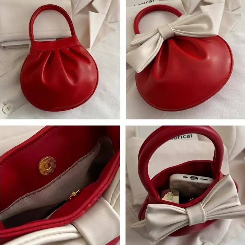 Women's Mini PU Clutch Bag Lightweight Small Purse with Bow Handle Magnetic Closure Coin Purse Soft Tote Handbag for Girls