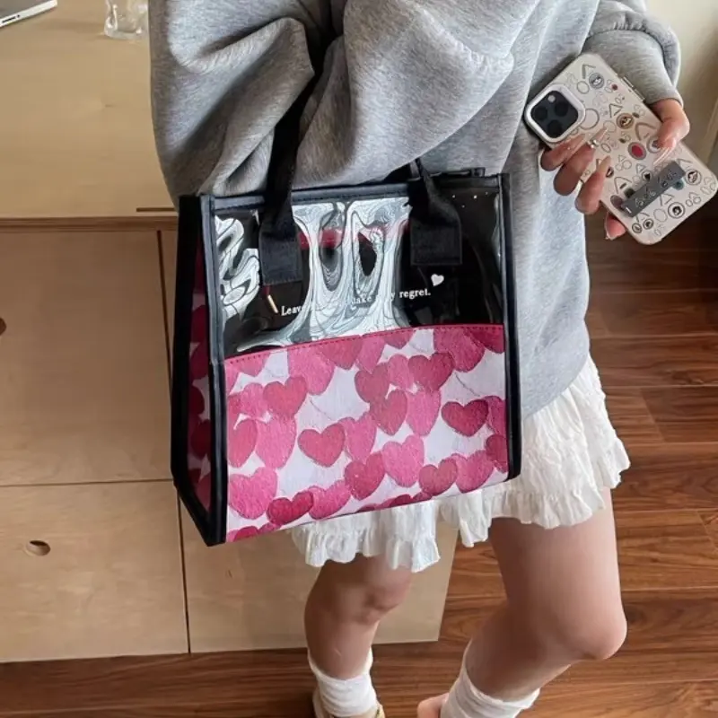 PU Women Tote Bag Love Shape Handbag Large Capacity Grocery Bag Gift Bag Beach Organizer Portable Shopping Bag Lunch Bag