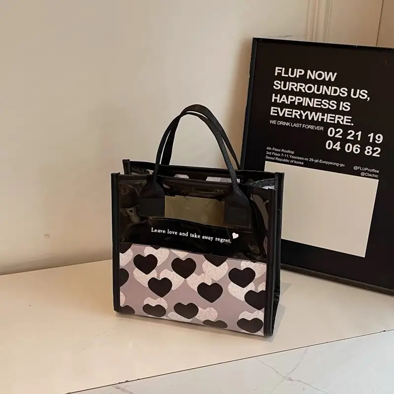 PU Women Tote Bag Love Shape Handbag Large Capacity Grocery Bag Gift Bag Beach Organizer Portable Shopping Bag Lunch Bag