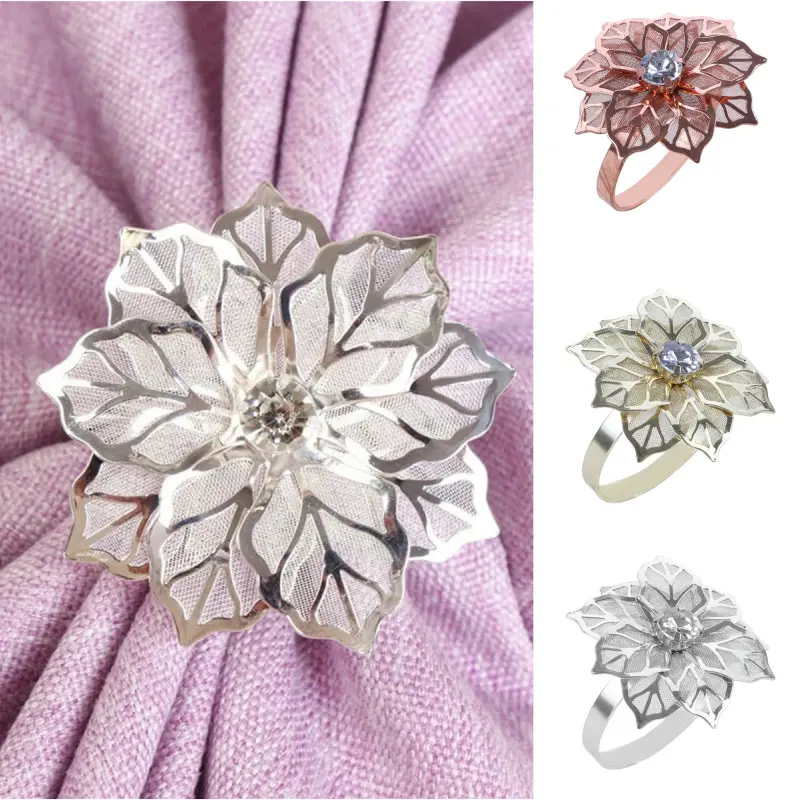 6Pcs Rose Flower Napkin Holder Floral Rhinestone Napkins Rings for Wedding Mother's Day Party Dinner Table Decor Party Supplies