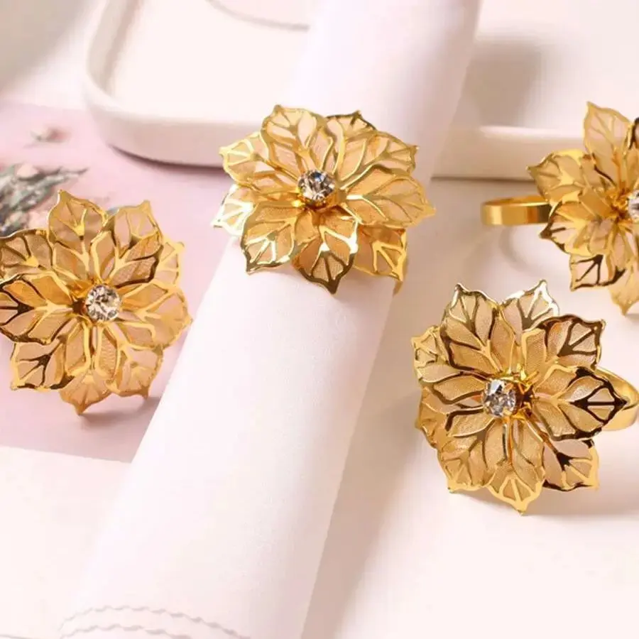 6Pcs Rose Flower Napkin Holder Floral Rhinestone Napkins Rings for Wedding Mother's Day Party Dinner Table Decor Party Supplies