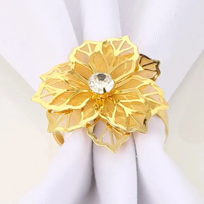 6Pcs Rose Flower Napkin Holder Floral Rhinestone Napkins Rings for Wedding Mother's Day Party Dinner Table Decor Party Supplies