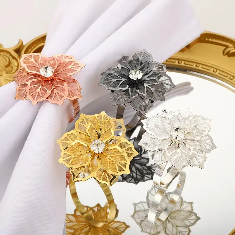 6Pcs Rose Flower Napkin Holder Floral Rhinestone Napkins Rings for Wedding Mother's Day Party Dinner Table Decor Party Supplies