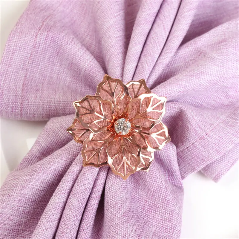 6Pcs Rose Flower Napkin Holder Floral Rhinestone Napkins Rings for Wedding Mother's Day Party Dinner Table Decor Party Supplies