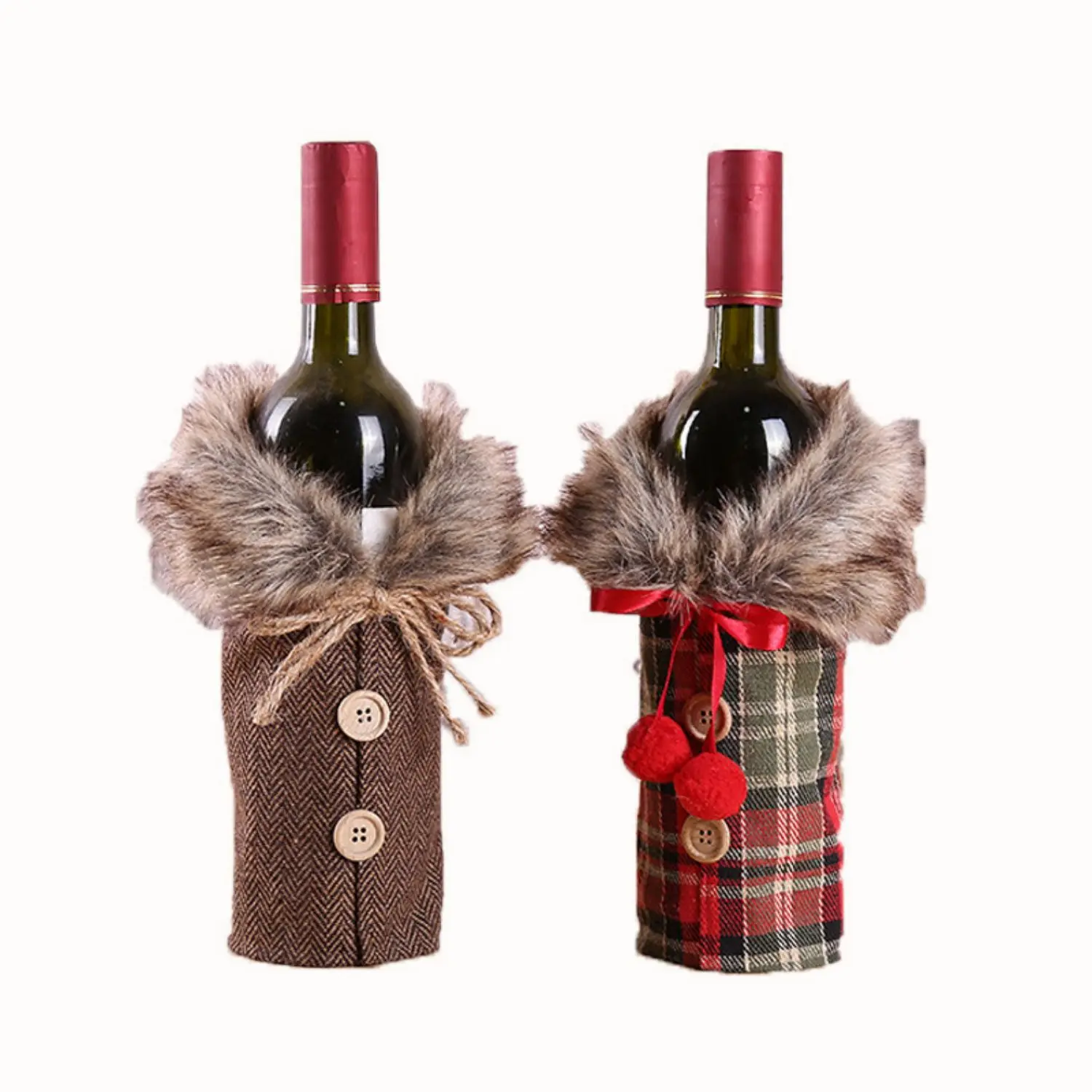 2Pcs Christmas Decoration Wine Set Holiday Decoration Props Bow Hemp Wool Collar Red Wine Bottle Set New Year Ornament Gifts