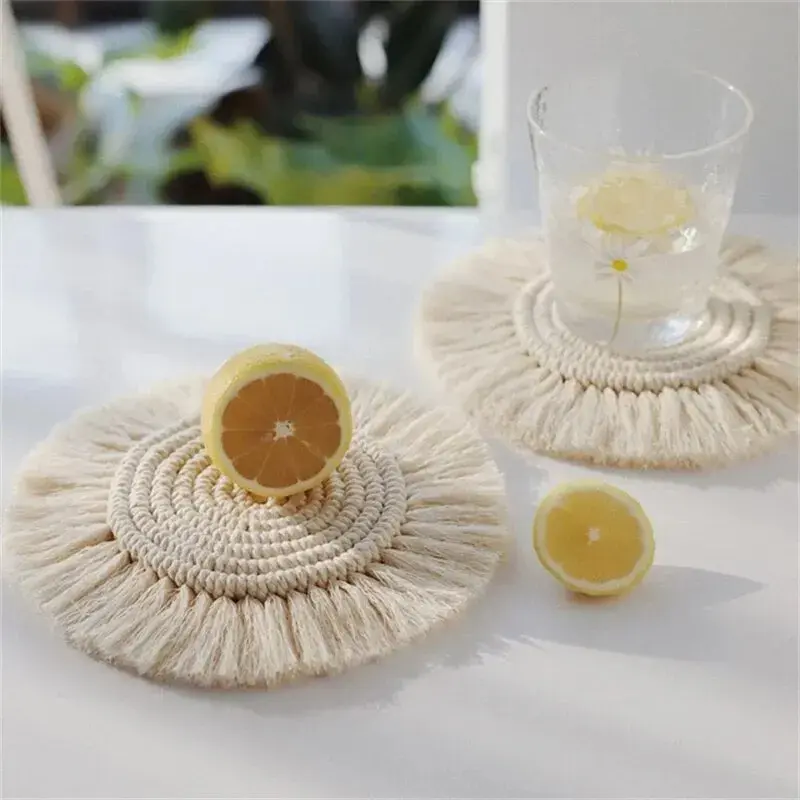 Round Cotton Braid Coaster Tassel Placemat Handmade Macrame Cup Cushion Bohemia Style Non-slip Cup Mat Coffee Pad Table Decor