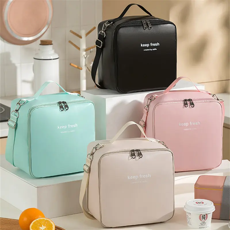 Crossbody Waterproof Lunch Bags PU Leather Food Picnic Lunch Box Insulated Women Cooler Bags Ice Pack Drink Carrier Thermal Bag
