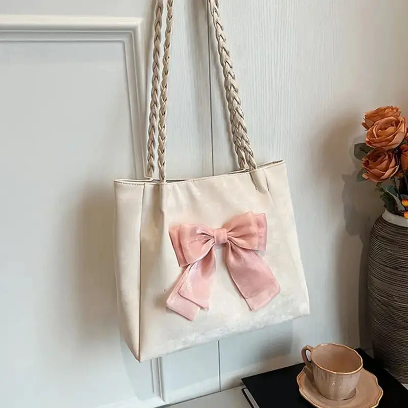 Women's Shoulder Bag with Bows Versatile Casual Hand-held Tote Bag Girls Bag Simple Spacious Trendy Crossbody Bag Commuter Bag