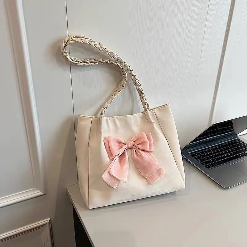 Women's Shoulder Bag with Bows Versatile Casual Hand-held Tote Bag Girls Bag Simple Spacious Trendy Crossbody Bag Commuter Bag