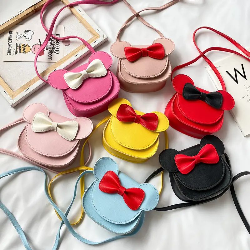 Cartoon Mouse Bow Baby Messenger Bag Cute Candy Color PU Leather Children Shoulder Crossbody Bag Princess Kids Girl Coin Purse
