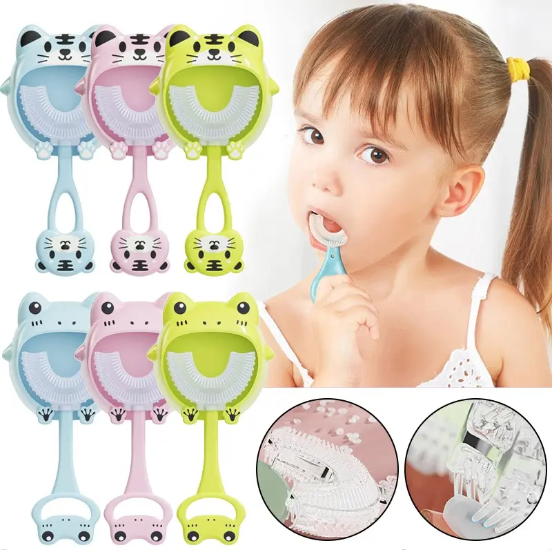 U-shape Kids Toothbrush Cartoon Frog Print Toothbrush With Holder Children's Toothbrush Silicone Cleaning Toothbrush 2-12years