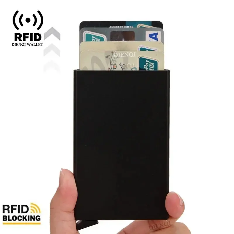 Rfid ultra-thin smart wallet for men and women, pop-up credit card holder, metal minimalist mini wallet