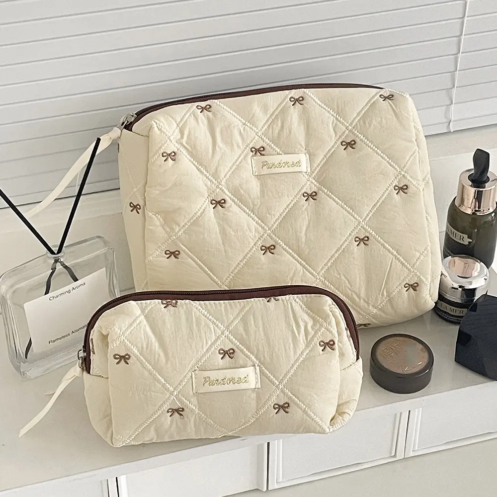 Fashion Brown Bow Cake Women Makeup Zipper Bag Large Capacity Tote Organizer Toiletry Cosmetic Pouch Ladies Make Up Handbag