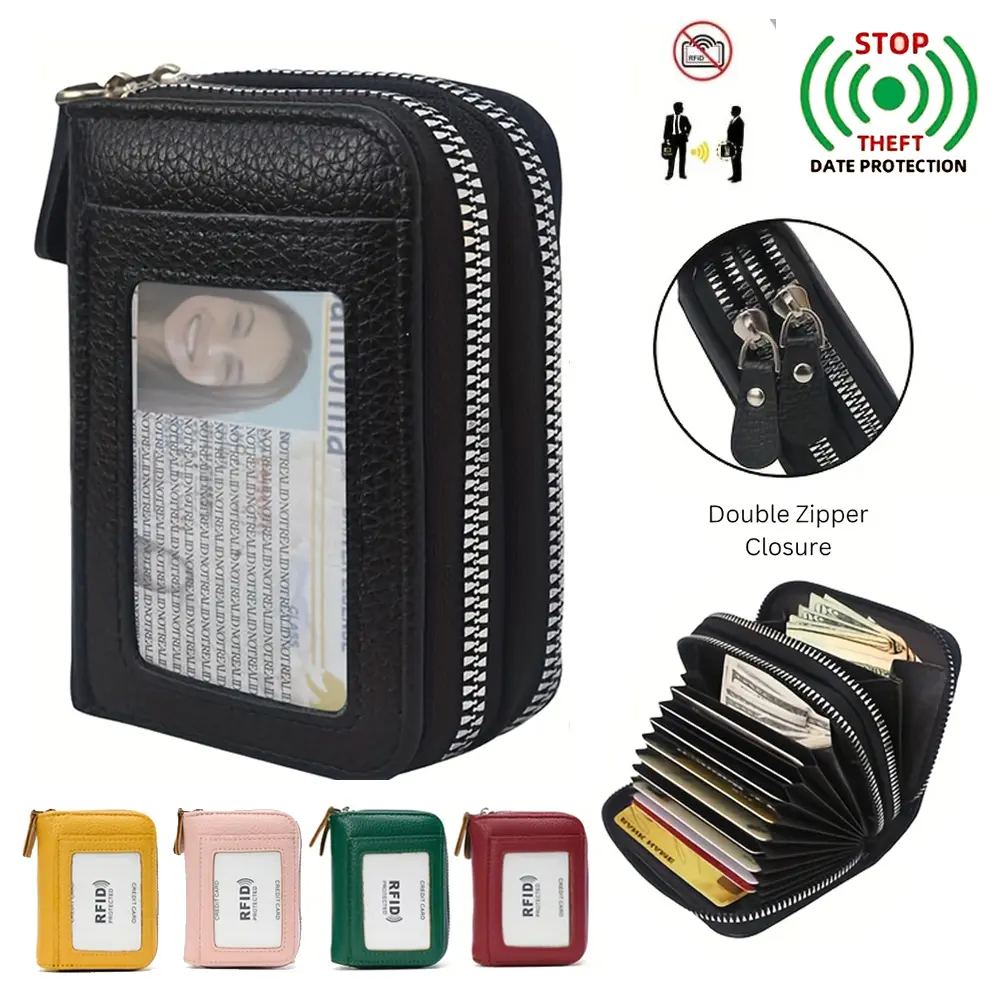2025 New Women's Leather Credit Card Holder Double Zipper with ID Window and Coin Purse - Securely Store and Organize Your Cards