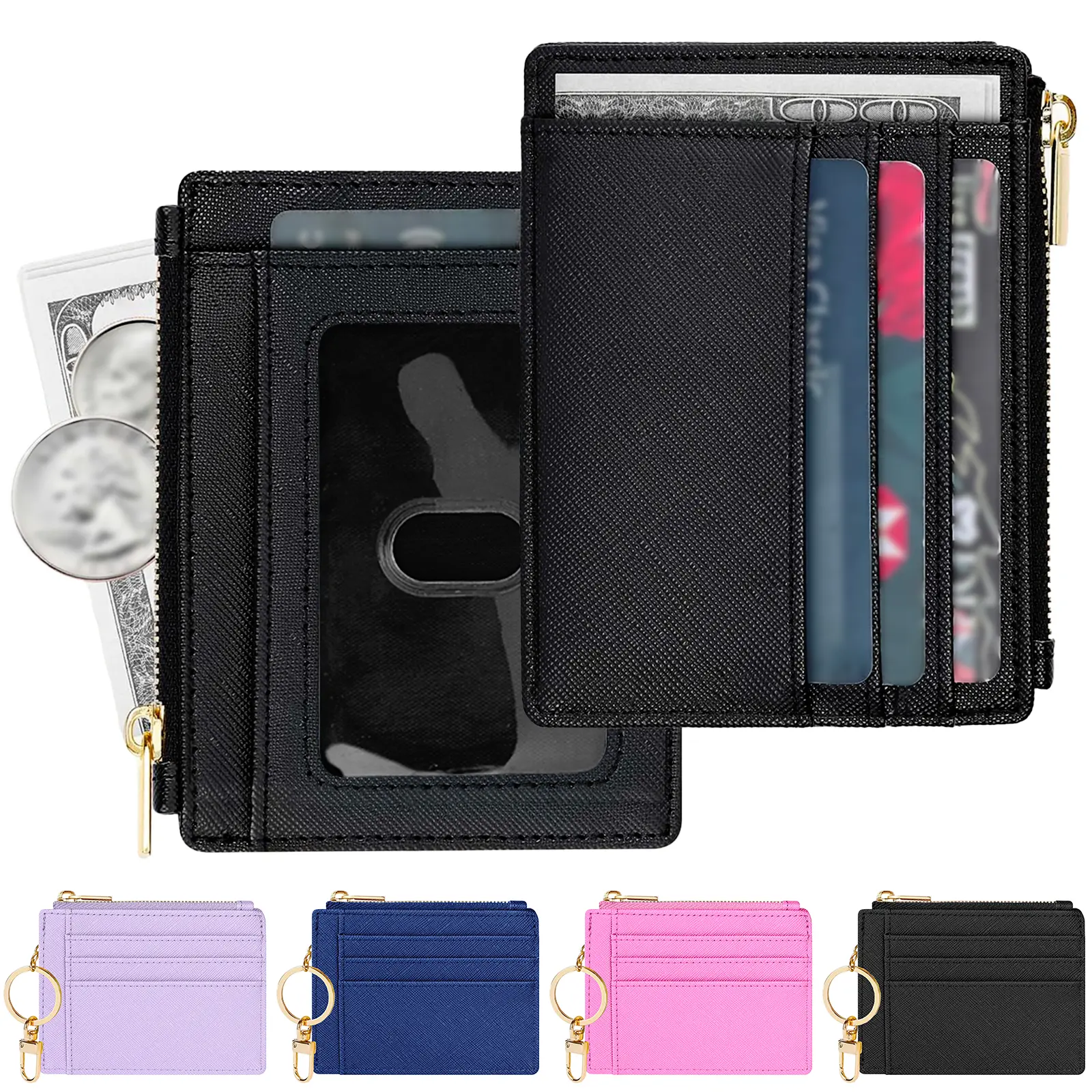 Leather coin purse, card holder, key case, 3card slots, 2side slots, 1transparent business card window, and 1zippered pocket.ZMT
