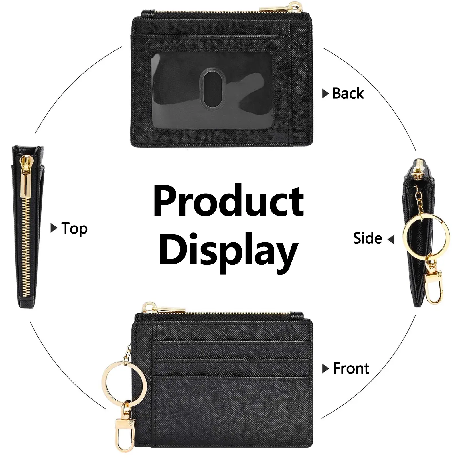 Leather coin purse, card holder, key case, 3card slots, 2side slots, 1transparent business card window, and 1zippered pocket.ZMT