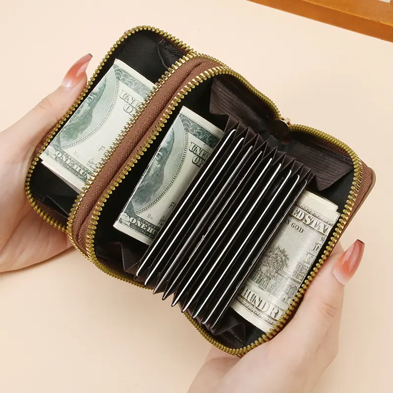 ENDAYCON Multi-functional accordion card wallet, anti-magnetic accordion card wallet, double zipper lady's purse, large capacity