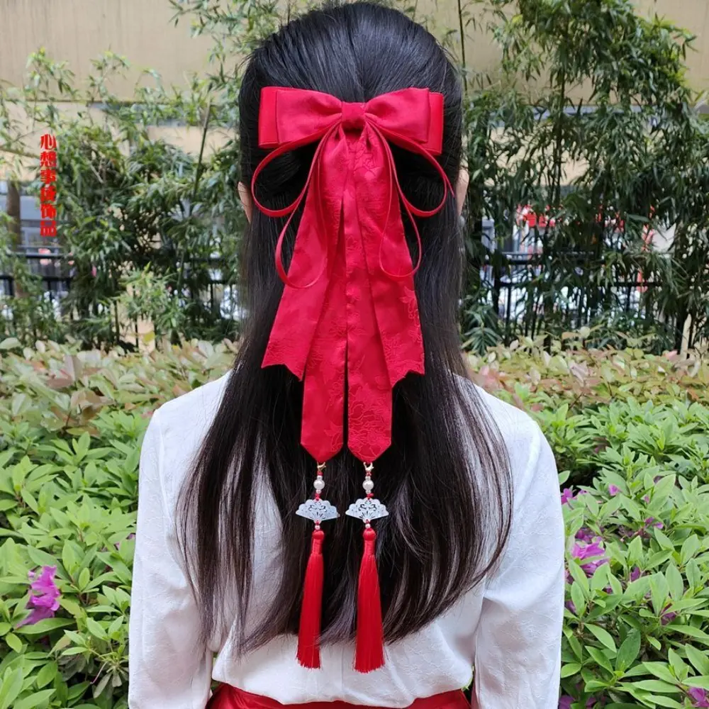 Traditional Hanfu Hair Accessories Set - Large Bow Clips + Long Flowing Ribbons Hair Band (Ancient Chinese Hair Ornaments)