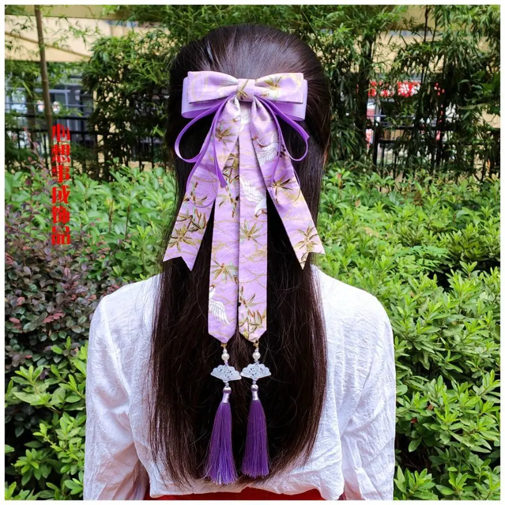 Traditional Hanfu Hair Accessories Set - Large Bow Clips + Long Flowing Ribbons Hair Band (Ancient Chinese Hair Ornaments)