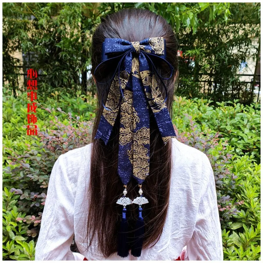 Traditional Hanfu Hair Accessories Set - Large Bow Clips + Long Flowing Ribbons Hair Band (Ancient Chinese Hair Ornaments)