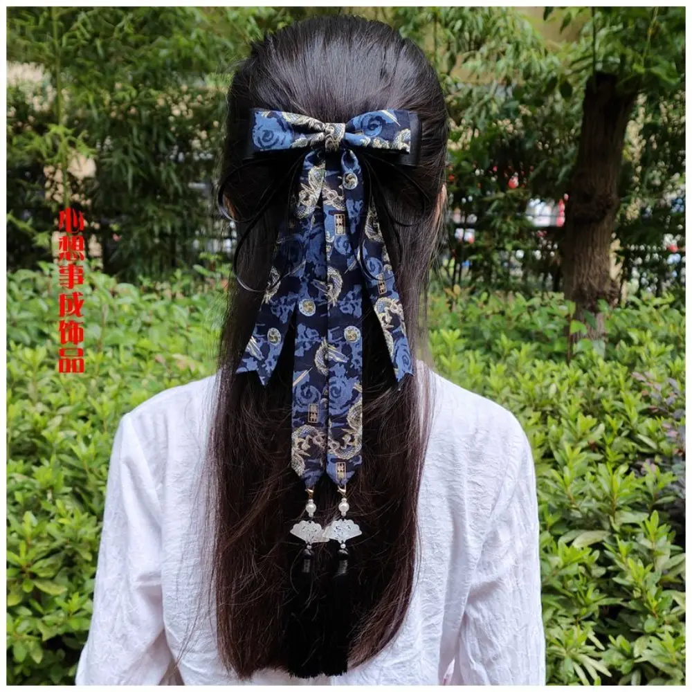 Traditional Hanfu Hair Accessories Set - Large Bow Clips + Long Flowing Ribbons Hair Band (Ancient Chinese Hair Ornaments)