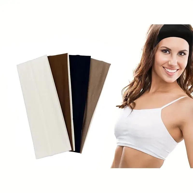 4 pieces of women's elastic sports headbands, solid color, sweat absorbing headbands, elegant Bohemian style accessories