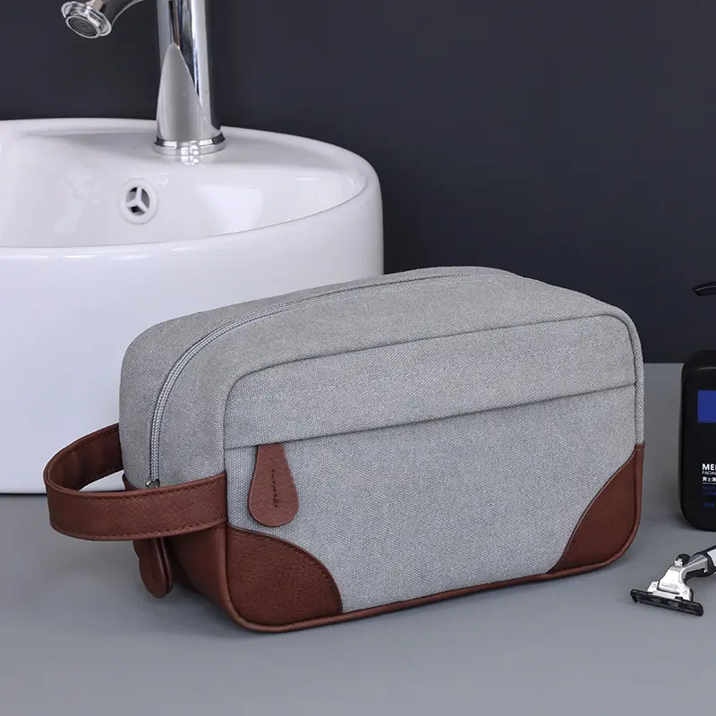 New Vintage Men's Cosmetic Bag Canvas PU Stitching Toiletry Bag Travel Essentials Portable Cosmetics Organizer Storage Bag